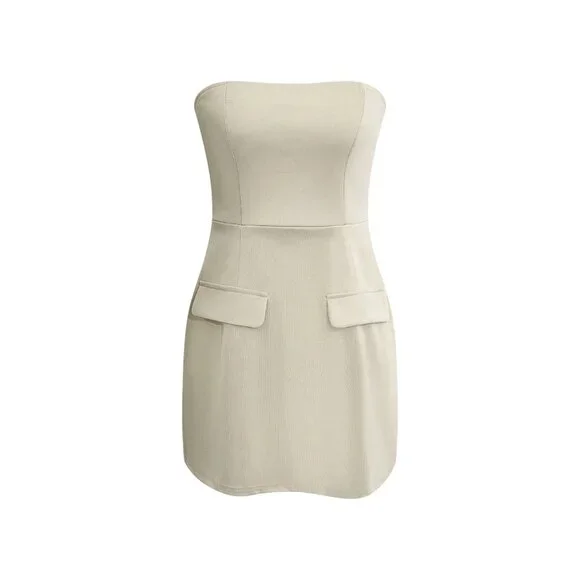 Micas Women's Size Medium Strapless Khaki Tan Mini Dress Polyester Blend NWT - Picture 2 of 7